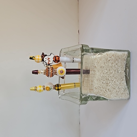 Hand Crafted 3-Set Pens Black Ink Beaded Fall Halloween Sunflower Harvest Design - Picture 4 of 17